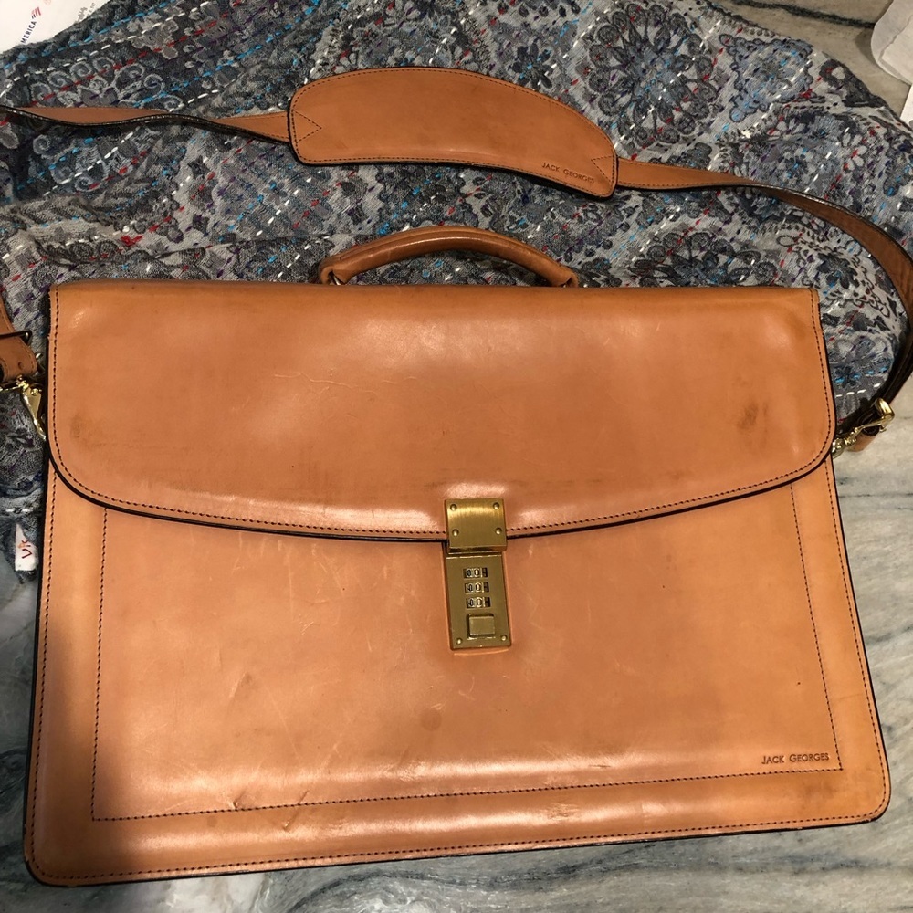 Jack Georges tan cognac leather briefcase w shoulder strap combo lock multi use